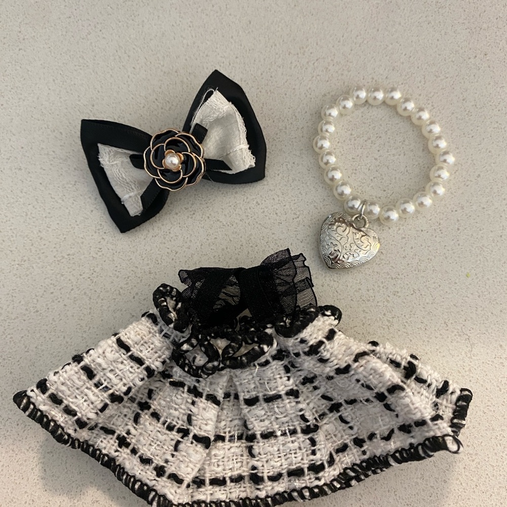 Black and White Labubu plush doll Outfit with bow and pearl necklace. No toy.